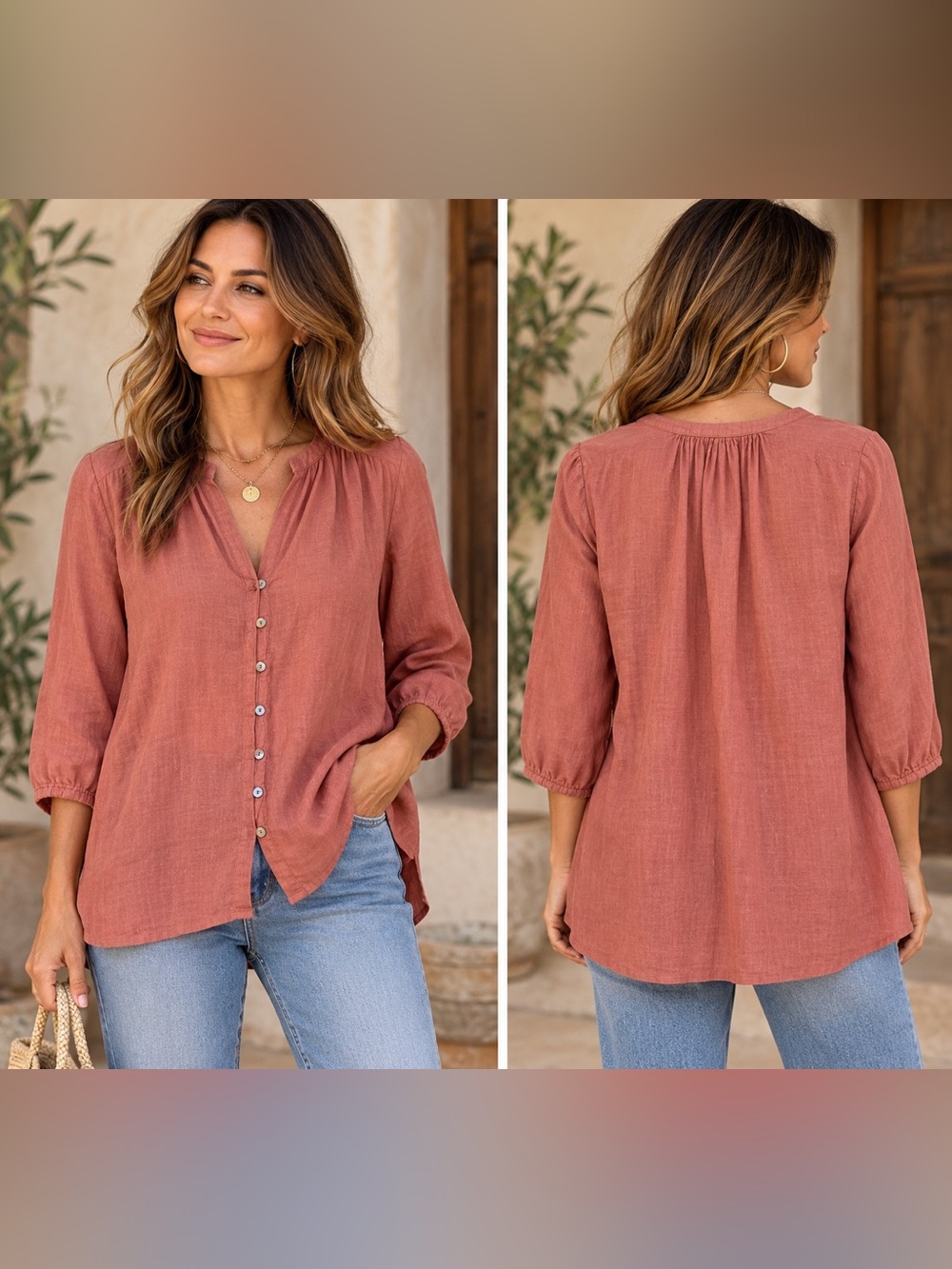 Pure Jill Linen Button Front Tunic Pink Size Medium Petite